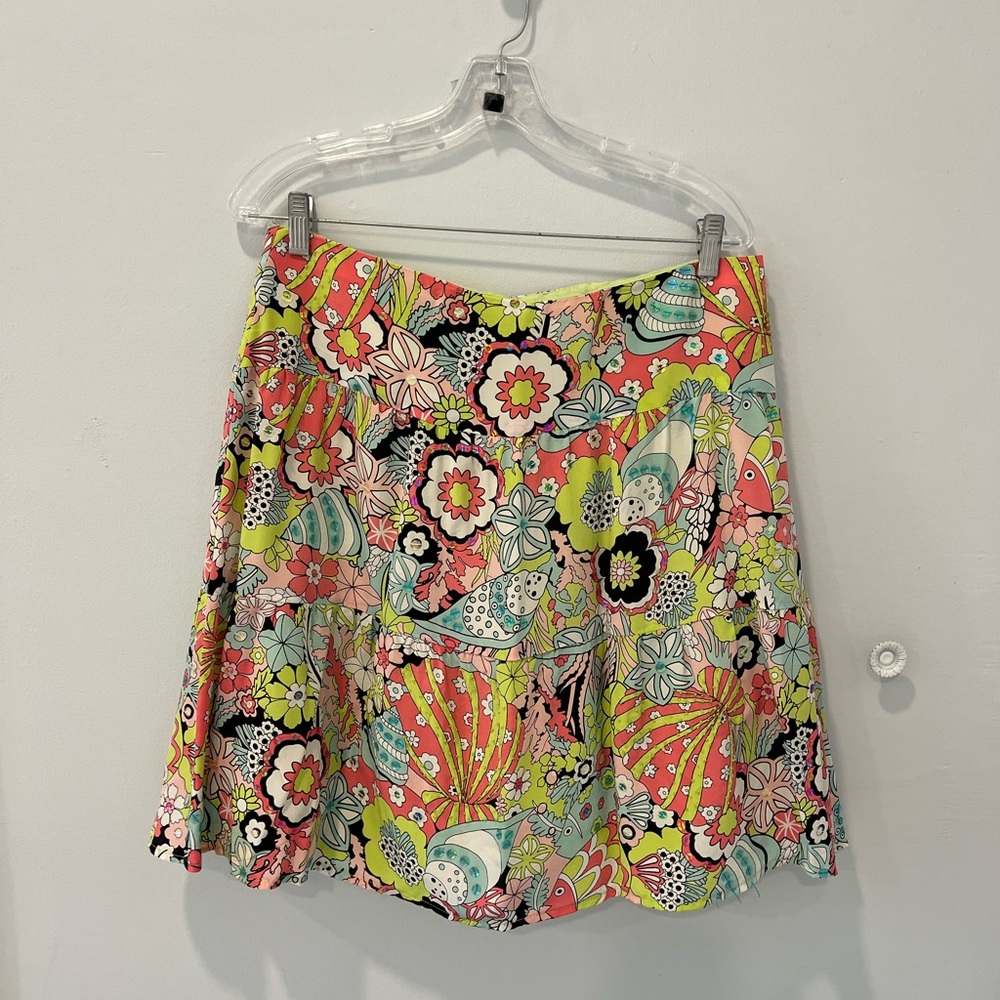 Nanette Lepore Coral Pink, Lime, Aqua Embellished Silk Skater Skirt